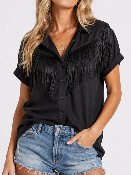 Idyllwind Tops - Idyllwind Black Short-Sleeve Fringe Button-Down Shirt